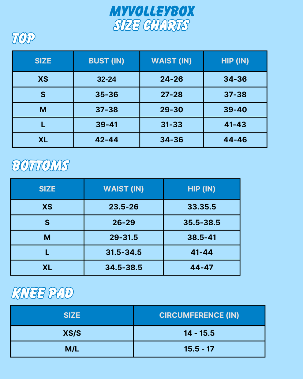 MyVolleyBox size chart